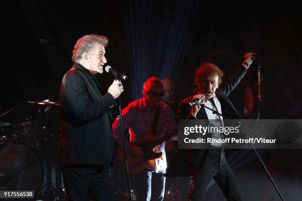 Eddy Mitchell and Alain Souchon perform during the Charity Gala against Alzheimer's disease at Salle Pleyel on February 12, 2018 in Paris, France.