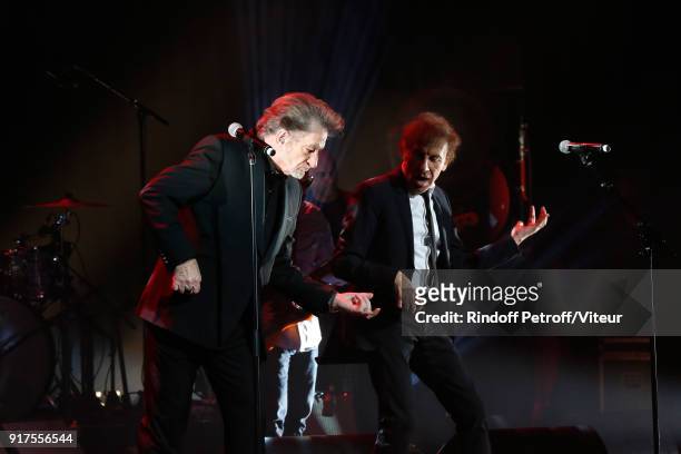 Eddy Mitchell and Alain Souchon perform during the Charity Gala against Alzheimer's disease at Salle Pleyel on February 12, 2018 in Paris, France.