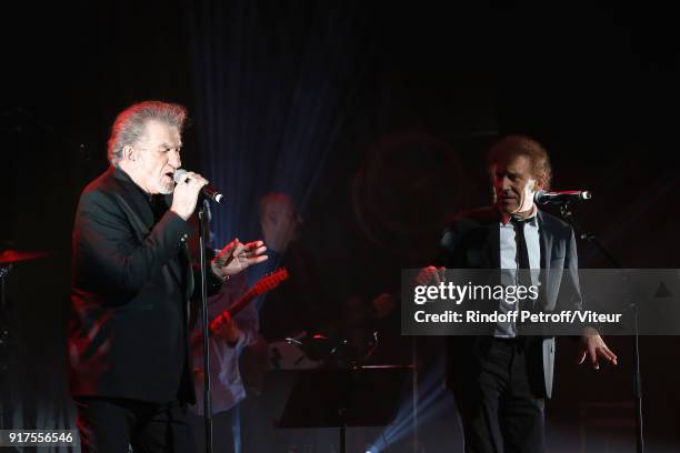 Eddy Mitchell and Alain Souchon perform during the Charity Gala against Alzheimer's disease at Salle Pleyel on February 12, 2018 in Paris, France.