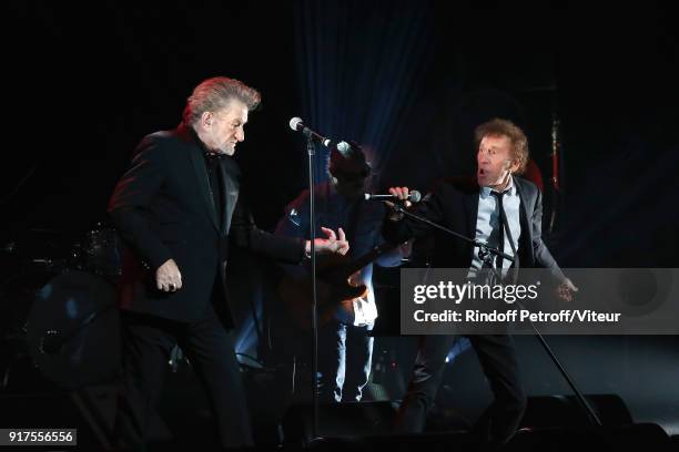 Eddy Mitchell and Alain Souchon perform during the Charity Gala against Alzheimer's disease at Salle Pleyel on February 12, 2018 in Paris, France.