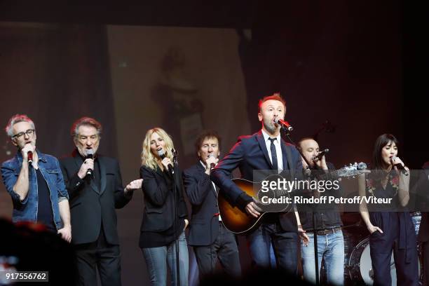 Vincent Delerm, Eddy Mitchell, Sandrine Kiberlain, Alain Souchon, Pierre Souchon, Charles 'Ours' Souchon and Nolwenn Leroy perform during the Charity...