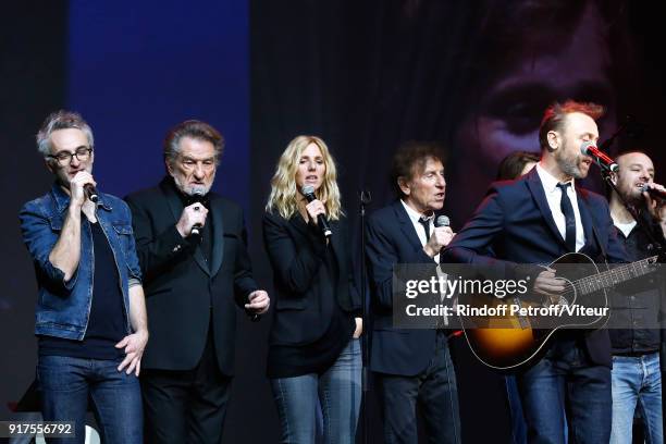 Vincent Delerm, Eddy Mitchell, Sandrine Kiberlain, Alain Souchon, Pierre Souchon and Charles 'Ours' Souchon perform during the Charity Gala against...
