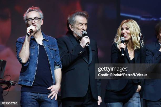 Vincent Delerm, Eddy Mitchell and Sandrine Kiberlain perform during the Charity Gala against Alzheimer's disease at Salle Pleyel on February 12, 2018...