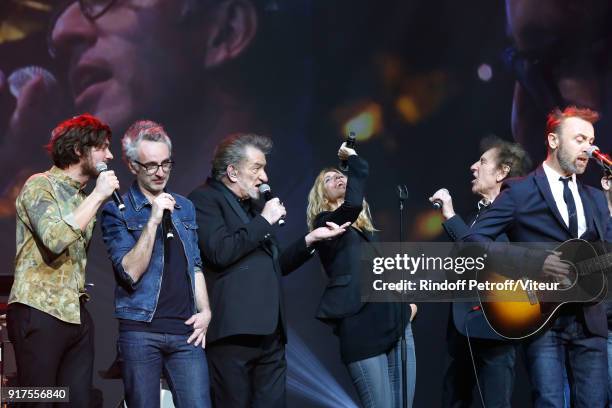Vincent Delerm, Eddy Mitchell, Sandrine Kiberlain, Alain Souchon and Pierre Souchon perform during the Charity Gala against Alzheimer's disease at...