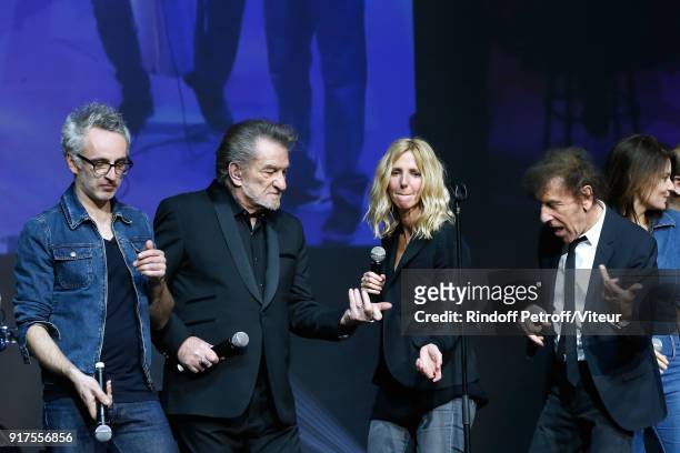 Vincent Delerm, Eddy Mitchell, Sandrine Kiberlain and Alain Souchon perform during the Charity Gala against Alzheimer's disease at Salle Pleyel on...