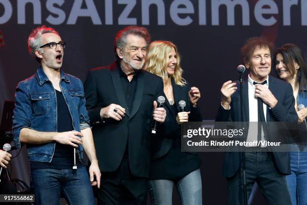 Vincent Delerm, Eddy Mitchell, Sandrine Kiberlain and Alain Souchon perform during the Charity Gala against Alzheimer's disease at Salle Pleyel on...