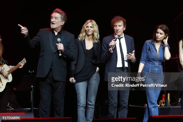Eddy Mitchell, Sandrine Kiberlain and Alain Souchon perform during the Charity Gala against Alzheimer's disease at Salle Pleyel on February 12, 2018...