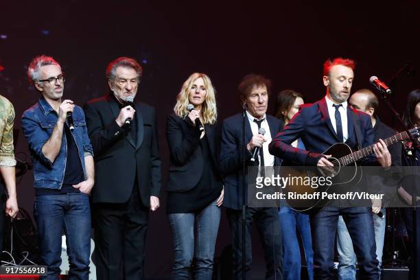 Vincent Delerm, Eddy Mitchell, Sandrine Kiberlain, Alain Souchon and Pierre Souchon perform during the Charity Gala against Alzheimer's disease at...