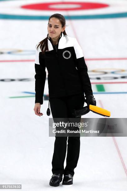 Anastasia Bryzgalova of Olympic Athletes from Russia calls a command against Norway during the Curling Mixed Doubles Bronze Medal Game on day four of...