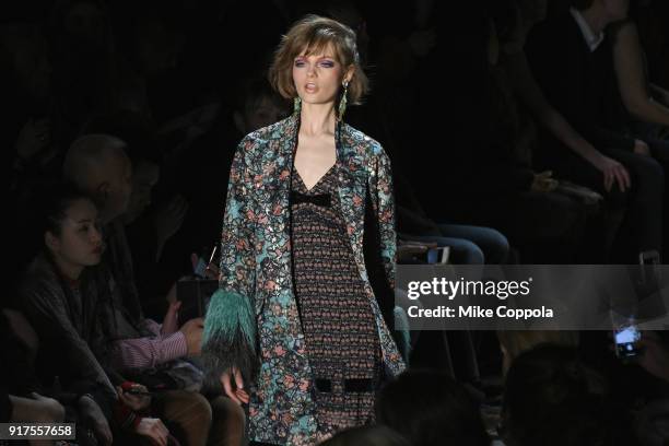 Models walks the runway at the Anna Sui runway show during IMG NYFW: The Shows at Spring Studios on February 12, 2018 in New York City.