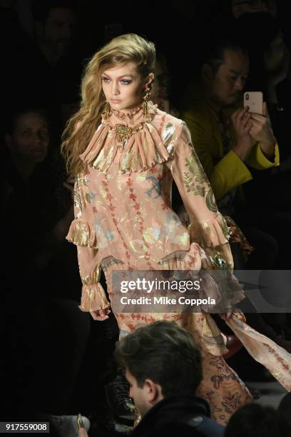 Model Gigi Hadid walks the runway at the Anna Sui runway show during IMG NYFW: The Shows at Spring Studios on February 12, 2018 in New York City.