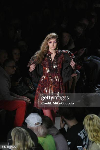 Model Gigi Hadid walks the runway at the Anna Sui runway show during IMG NYFW: The Shows at Spring Studios on February 12, 2018 in New York City.