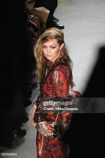 Model Gigi Hadid walks the runway at the Anna Sui runway show during IMG NYFW: The Shows at Spring Studios on February 12, 2018 in New York City.