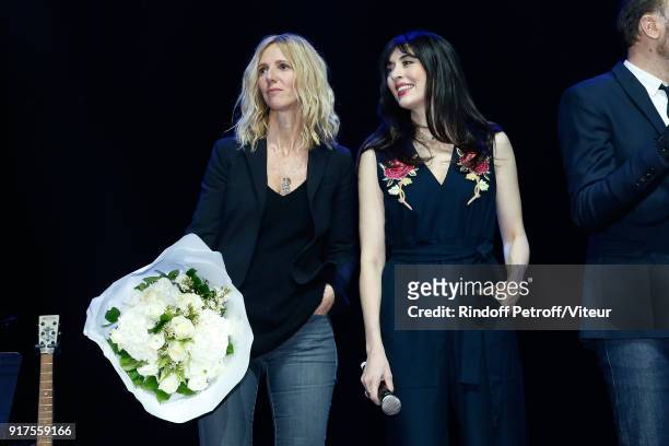 Sandrine Kiberlain and Nolwenn Leroy perform during the Charity Gala against Alzheimer's disease at Salle Pleyel on February 12, 2018 in Paris,...