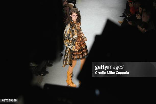 Model Kaia Gerber walks the runway at the Anna Sui runway show during IMG NYFW: The Shows at Spring Studios on February 12, 2018 in New York City.