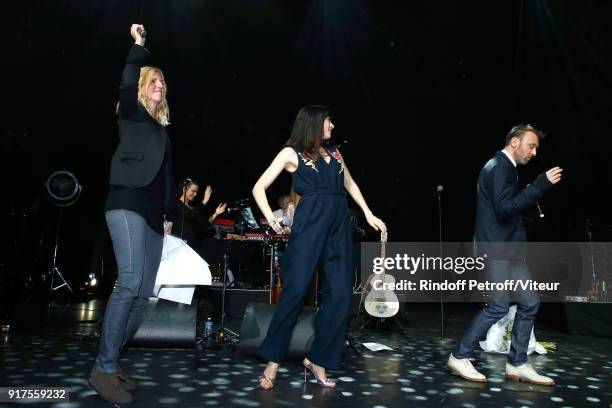 Sandrine Kiberlain, Nolwenn Leroy and Pierre Souchon perform during the Charity Gala against Alzheimer's disease at Salle Pleyel on February 12, 2018...