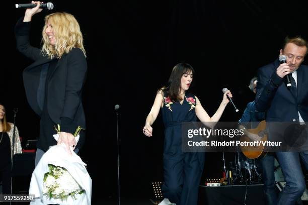 Sandrine Kiberlain, Nolwenn Leroy and Pierre Souchon perform during the Charity Gala against Alzheimer's disease at Salle Pleyel on February 12, 2018...