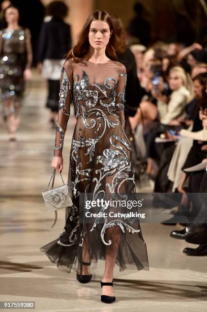 Model walks the runway at the Oscar de la Renta Autumn Winter 2018 fashion show during New York Fashion Week on February 12, 2018 in New York, United...