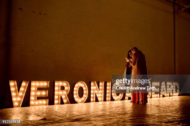 View of the signage for the Veronica Beard Fall 2018 presentation at Highline Stages on February 12, 2018 in New York City.