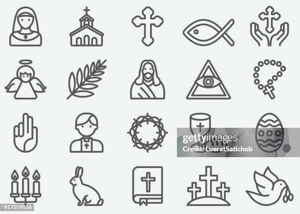 ilustraciones, imágenes clip art, dibujos animados e iconos de stock de iconos de línea de cristianismo - aureola