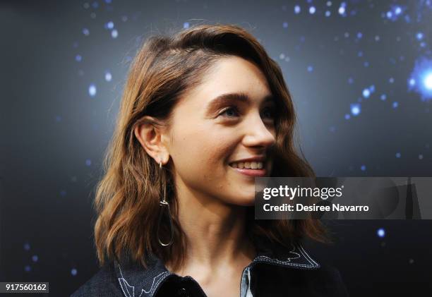 Natalia Dyer poses backstage for the Zadig & Voltaire fashion show during New York Fashion Week at Cedar Lake Studios on February 12, 2018 in New...