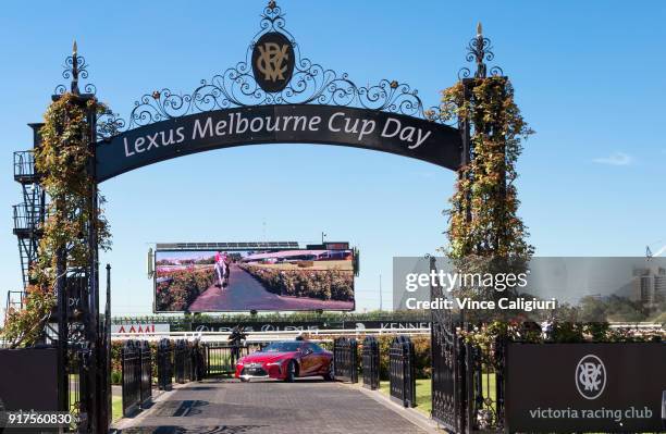 Kate Waterhouse is seen driving the Lexus LC 500 during the VRC Melbourne Cup Sponsorship Announcement at Flemington Racecourse on February 13, 2018...