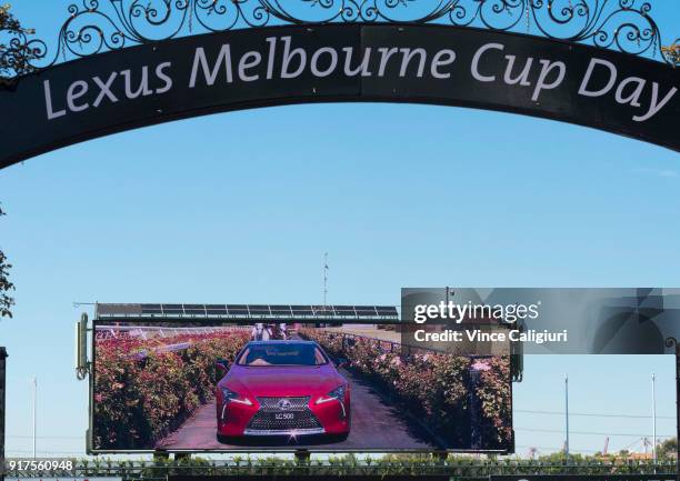 Kate Waterhouse is seen driving the Lexus LC 500 during the VRC Melbourne Cup Sponsorship Announcement at Flemington Racecourse on February 13, 2018...