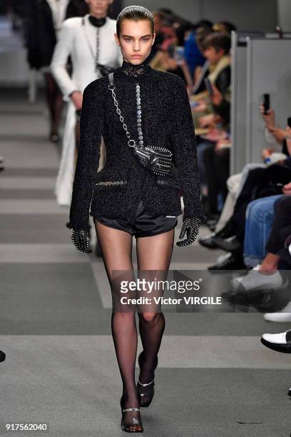 Model walks the runway at Alexander Wang Ready to Wear Fall/Winter 2018-2019 Fashion Show during New York Fashion Week on February 10, 2018 in New...
