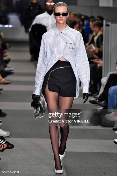 Model walks the runway at Alexander Wang Ready to Wear Fall/Winter 2018-2019 Fashion Show during New York Fashion Week on February 10, 2018 in New...