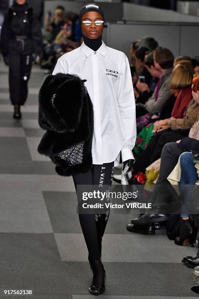 Model walks the runway at Alexander Wang Ready to Wear Fall/Winter 2018-2019 Fashion Show during New York Fashion Week on February 10, 2018 in New...