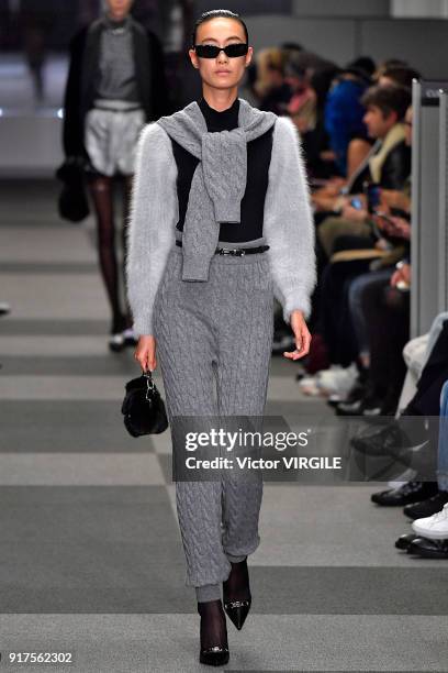 Model walks the runway at Alexander Wang Ready to Wear Fall/Winter 2018-2019 Fashion Show during New York Fashion Week on February 10, 2018 in New...