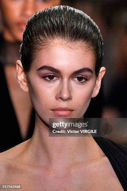 Kaia Gerber walks the runway at Alexander Wang Ready to Wear Fall/Winter 2018-2019 Fashion Show during New York Fashion Week on February 10, 2018 in...