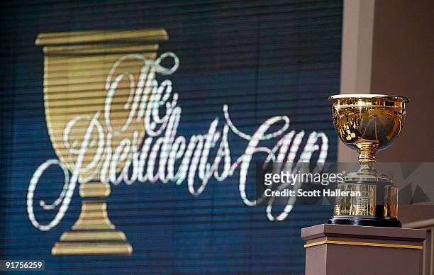 General-view of the Presidents Cup on stage at the closing ceremonies after the USA defeated the International Team 19.5 to 14.5 to win The...