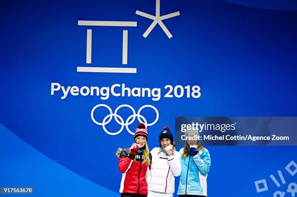 Justine Dufour-lapointe of Canada wins the silver medal, Perrine Laffont of France wins the gold medal, Yulia Galysheva of Kazakhstan wins the bronze...