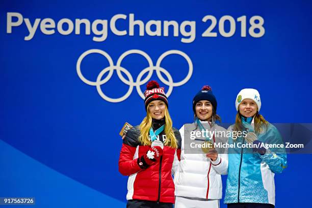 Justine Dufour-lapointe of Canada wins the silver medal, Perrine Laffont of France wins the gold medal, Yulia Galysheva of Kazakhstan wins the bronze...