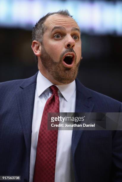 Head coach Frank Vogel of the Orlando Magic yells at a referee during a game against the Chicago Bulls at the United Center on February 12, 2018 in...