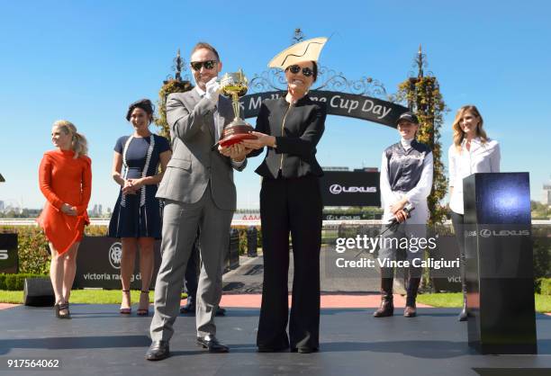 Emma Freedman, Megan Gale, Neil Perry, Scott Thompson Amanda Elliott , Francesca Cumani and Kate Waterhouse pose during the VRC Melbourne Cup...