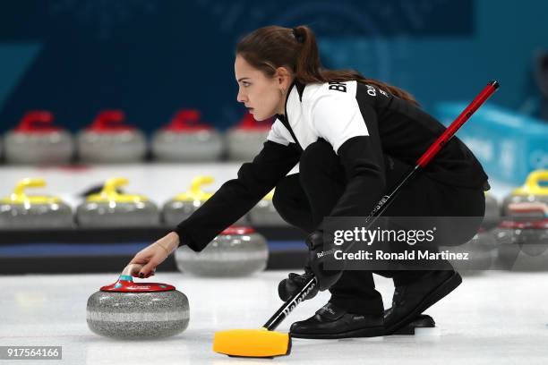 Anastasia Bryzgalova of Olympic Athletes from Russia delivers a stone against Norway during the Curling Mixed Doubles Bronze Medal Game on day four...