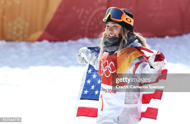 Gold medalist Chloe Kim of the United States celebrates winning the Snowboard Ladies' Halfpipe Final on day four of the PyeongChang 2018 Winter...