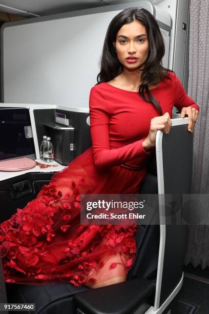 Kelly Gale showcases designs by Ginger & Smart during Australia's first on board fashion show Virgin Australia Runway in the Sky on February 13, 2018...