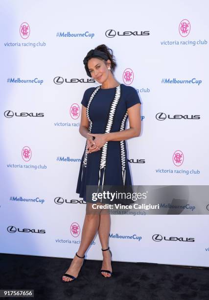 Megan Gale poses during the VRC Melbourne Cup Sponsorship Announcement at Flemington Racecourse on February 13, 2018 in Melbourne, Australia. The VRC...