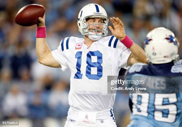 Peyton Manning of the Indianapolis Colts throws the ball during the NFL game against the Tennessee Titans at LP Field on October 11, 2009 in...