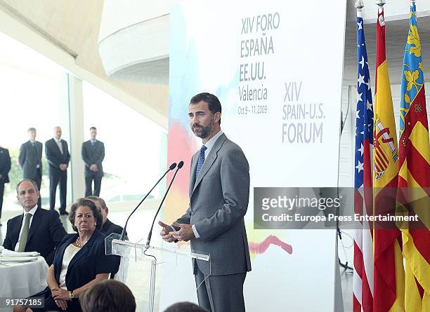 Francisco Camps, Rita Barbera and Crown Prince Felipe of Spain attend the XIV Annual Spain-USA Forum on October 10, 2009 in Valencia, Spain.