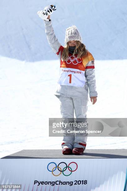 Gold medalist Chloe Kim of the United States celebrates during the victory ceremony for the Snowboard Ladies' Halfpipe Final on day four of the...