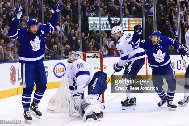 Leafs Lightning Toronto Maple Leafs James van Riemsdyk scores the winner as Tyler Bozak and Conner Brown start the celebration and the eventual win...