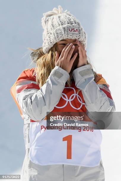 Gold medalist Chloe Kim of the United States celebrates during the victory ceremony for the Snowboard Ladies' Halfpipe Final on day four of the...