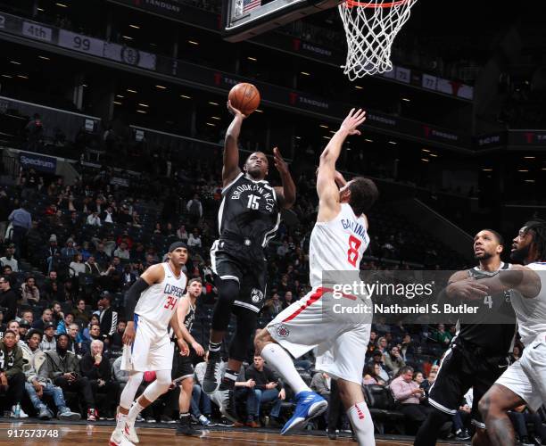 Isaiah Whitehead of the Brooklyn Nets dunks against the LA Clippers on February 12, 2018 at Barclays Center in Brooklyn, New York. NOTE TO USER: User...