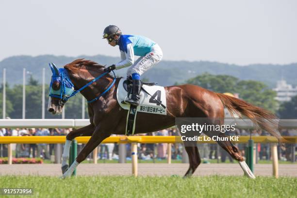 Jockey Yasunari Iwata riding Admire Deus during the Tokyo Yushun at Tokyo Racecourse on June 1, 2014 in Tokyo, Japan. Tokyo Yushun Japanese Derby, is...