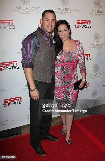 Carlos Beltran and Jessica Beltran arrive at the ESPN Deportes and Viceroy Miami Party to welcome the Latino owners of the Miami Dolphins event at...