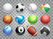 Realistic sports balls vector big set isolated on transparent background